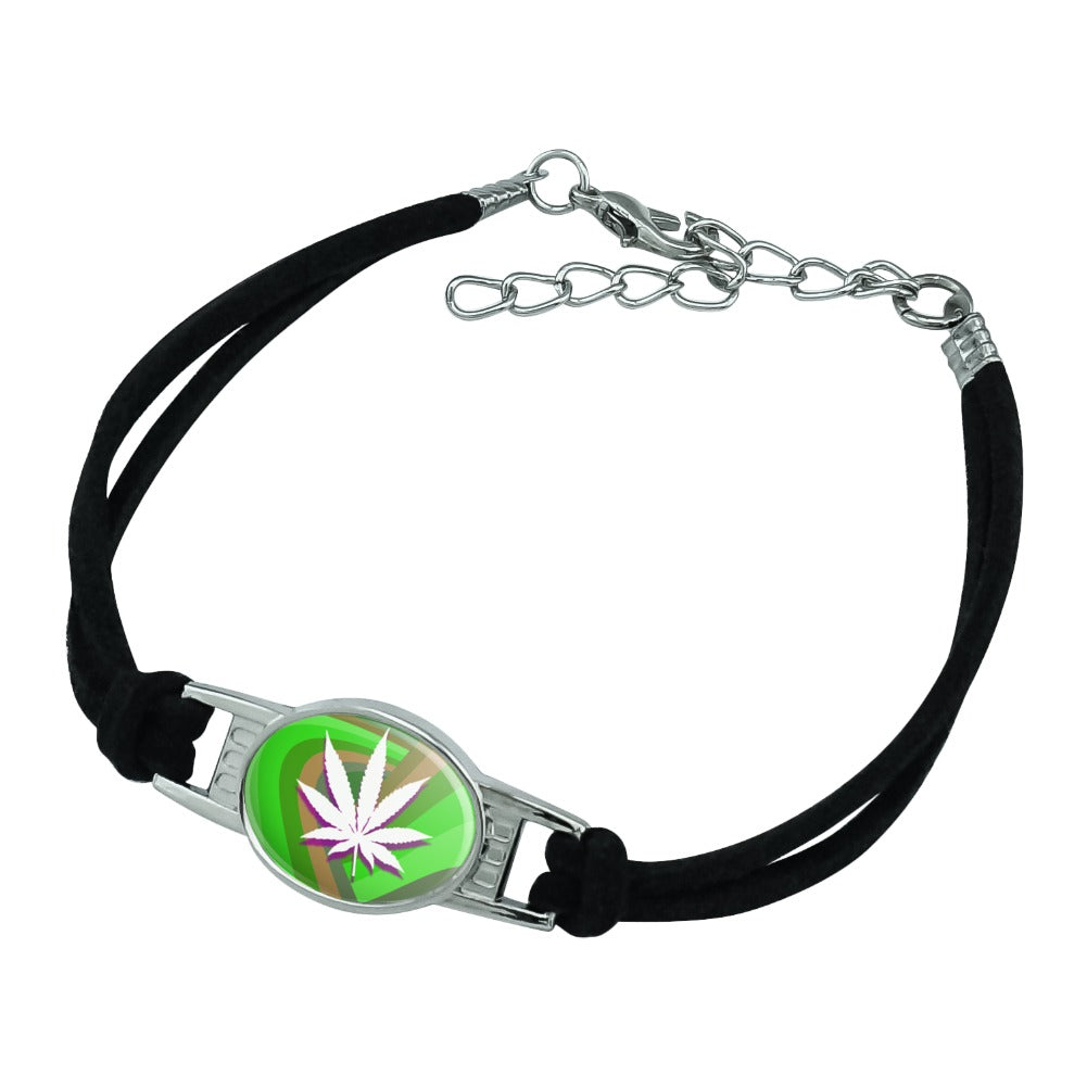 Marijuana Leaf Pot Weed Psychedelic Novelty Suede Leather Metal Bracelet