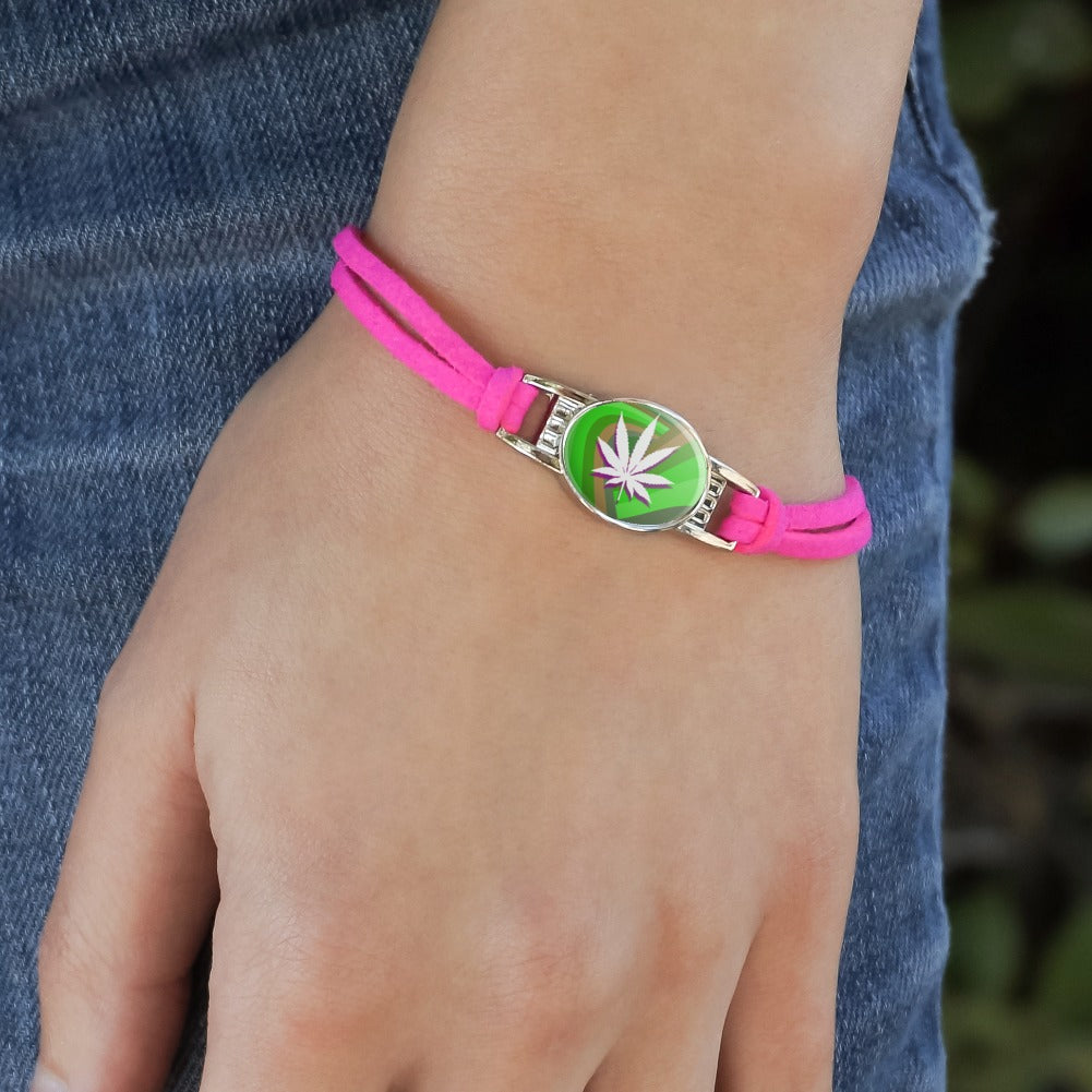 Marijuana Leaf Pot Weed Psychedelic Novelty Suede Leather Metal Bracelet