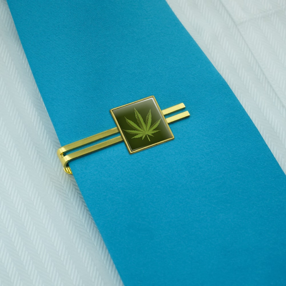 Marijuana Leaf Design Cannabis Pot Square Tie Bar Clip Clasp Gold