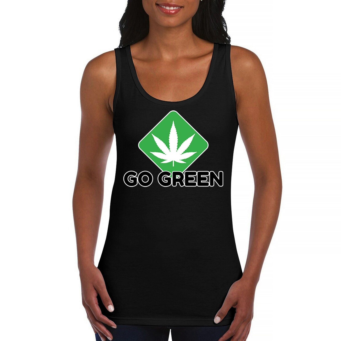 Women's black tank top with cannabis leaf logo and "Go Green" text.