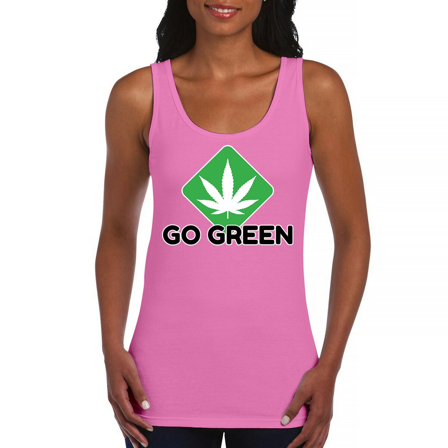 Go Green Weed Women's Tank Top Cannabis Leaf Pink Red White size S to 2XL