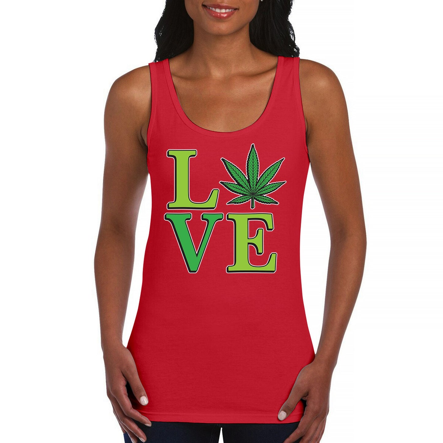 Love Weed Leaf Women's Tank Top with cannabis graphic, red color.