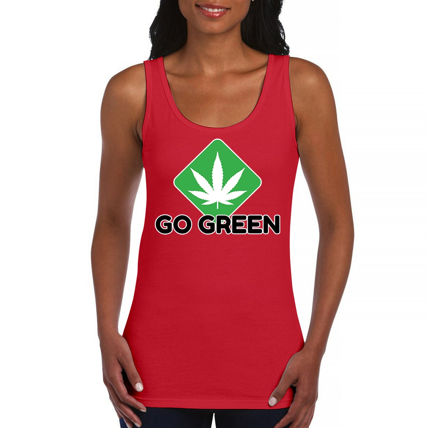 Go Green Weed Women's Tank Top Cannabis Leaf Pink Red White size S to 2XL