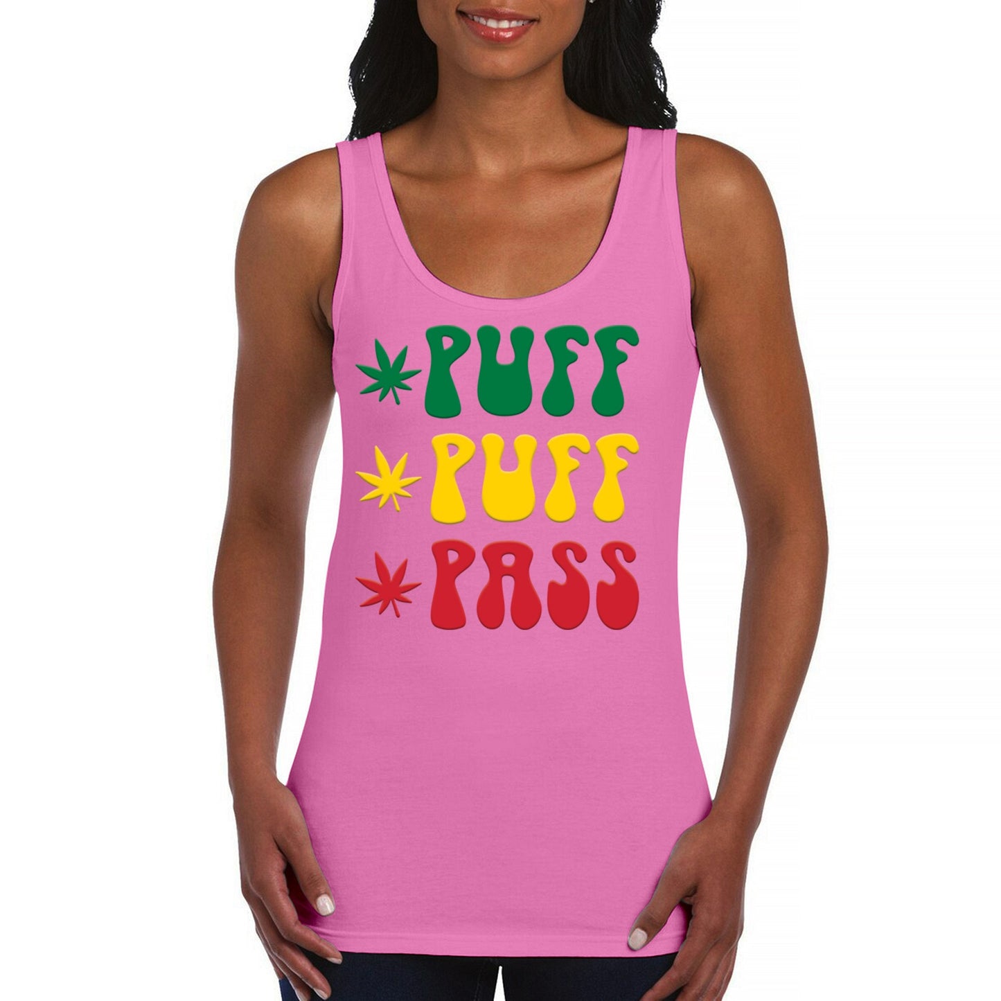 Women's tank top with "Puff Puff Pass" text and pot leaf design in pink.