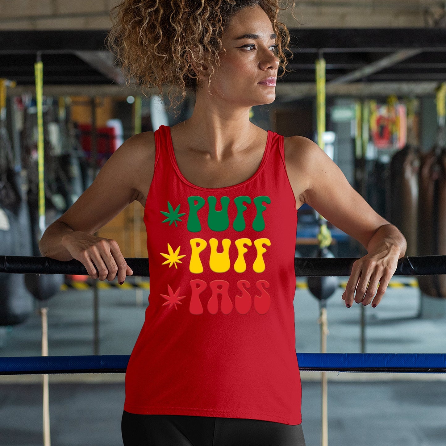 Women's tank top with "Puff Puff Pass" design, red color, cannabis-themed, available in sizes M to 2XL.