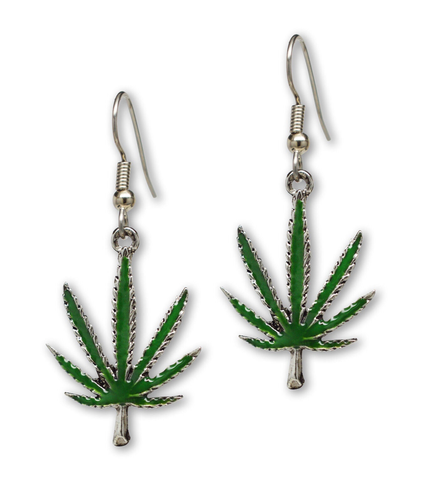 Marijuana Weed Pot Leaf Green Enamel On Pewter Necklace and Earrings Jewelry Set