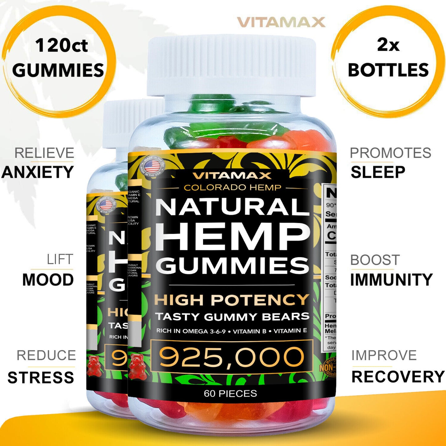 (2 Pack) Natural Gummies for Stress Relief - For Pain, Insomnia & Anxiety 120ct