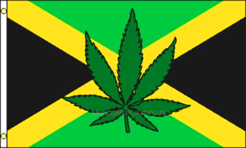 Jamaica Leaf 3x5 polyester flag featuring marijuana design on Jamaican colors.
