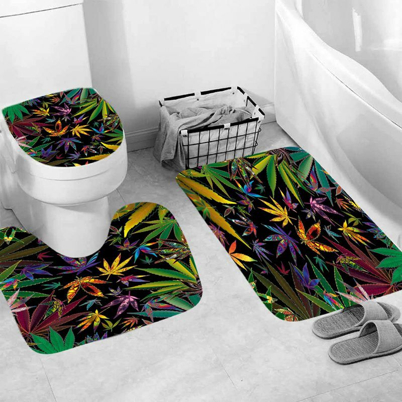 Colorful Weeds Leaves Bathroom Shower Curtain Non-Slip Bath Mat Toilet Cover Set