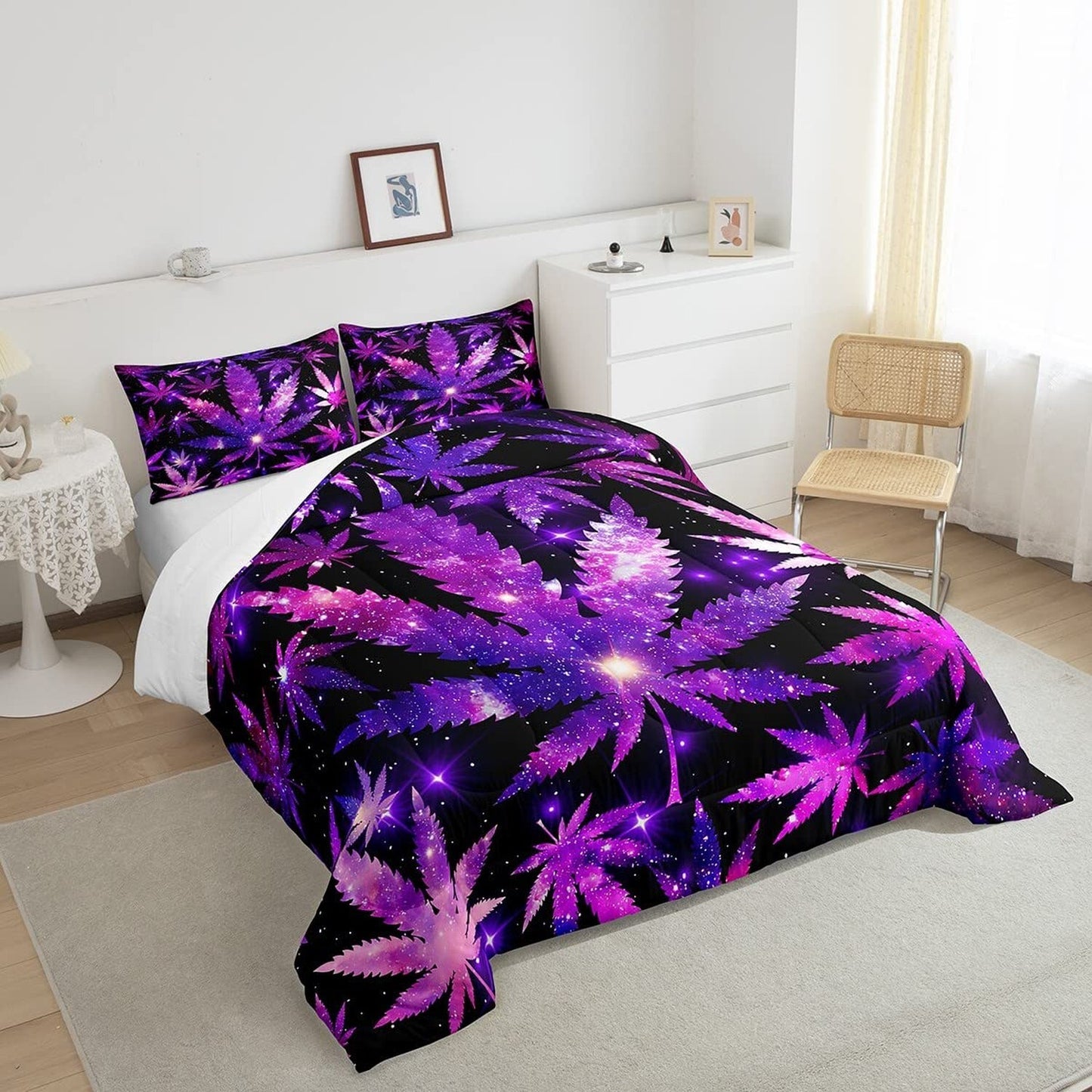 Marijuana Weed Purple Black Comforter Set Queen Size Hippie Marijuana Leaf Be...