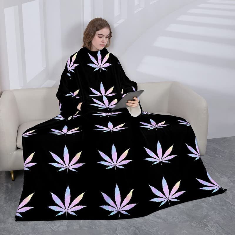 Marijuana Weed Leaf Outdoor Fleece Blanket with Sleeves,Botanical Plants Prin...