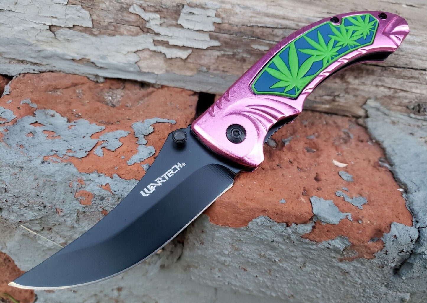 Pink Black Pot Leaf Design Spring assisted Pocket Knife Thumb Stud EDC 5.3 OZ
