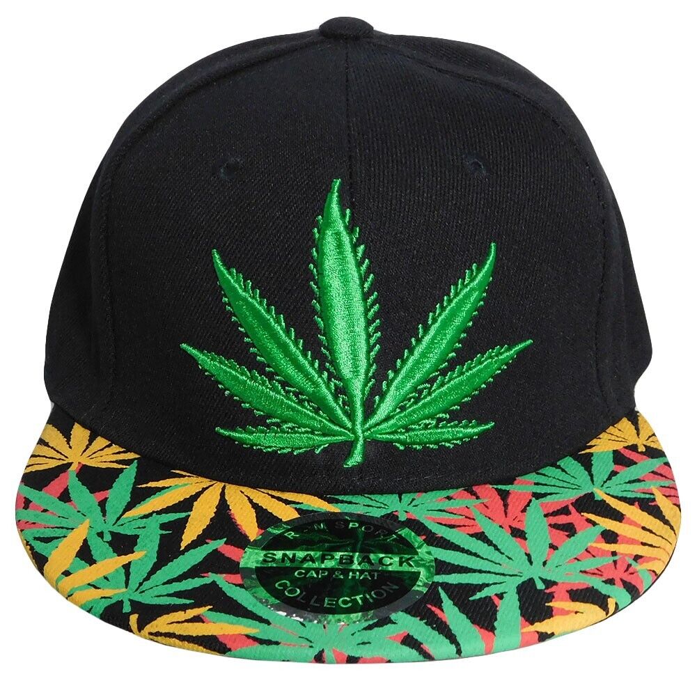 Cannabis Marijuana Weed Pot Leaf Black Polyester Adjustable Embroidered Cap Hat