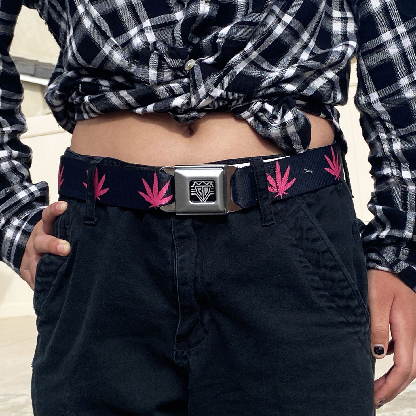 Pink Marijuana Leaf Weed Cannabis Pot 420 Seatbelt Style Seat Belt Buckle-Down
