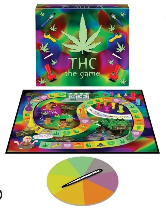 THC The Game board game with spinning wheel, featuring colorful design and cannabis theme.