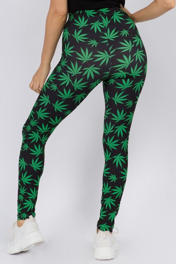 Women’s High Waisted Green Leaf Leggings, Marijuana Print, + Size Option