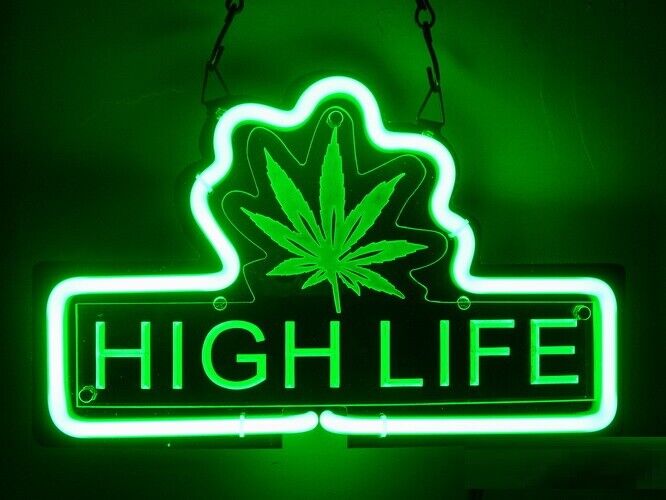 High Life Cannabis 3D carved neon sign with marijuana leaf design.