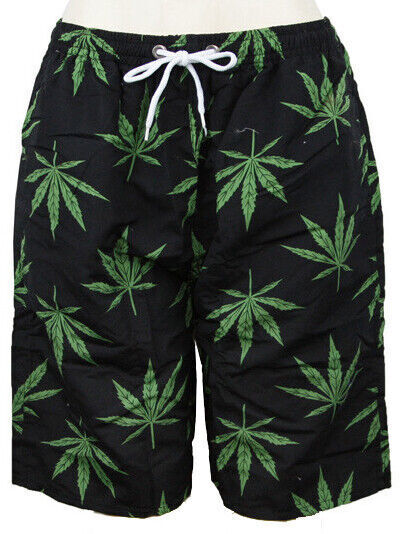 Mens Swim Trunks, Beach Swim Shorts Beach Board Shorts Pockets, Weed Leaf Print
