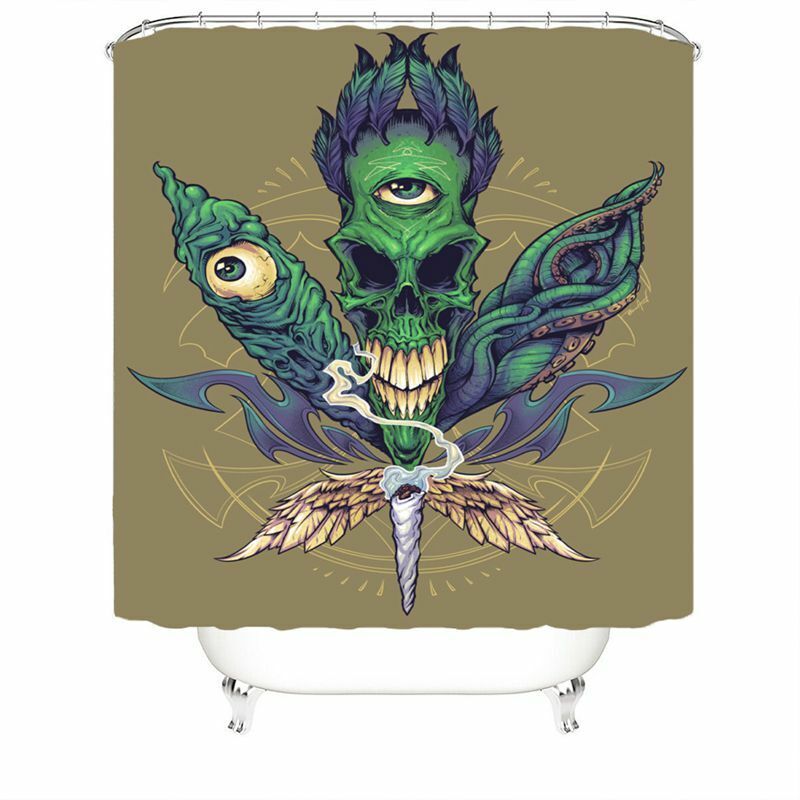 Skull Weeds Cannabis Marijuana Shower Curtain Set Non-Slip Bath Mat Toilet Lid Cover