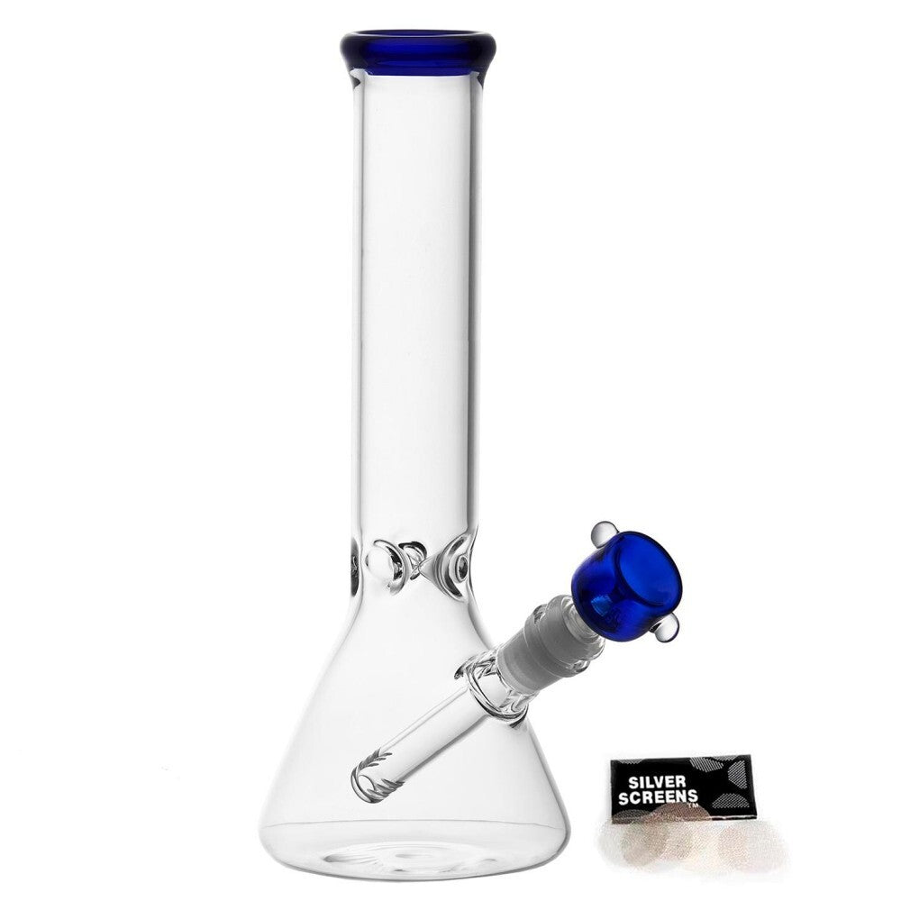 10" heavy duty glass bong with beaker base, clear glass, blue accents, and 14mm bowl.