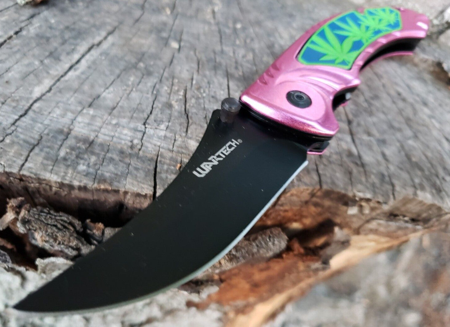 Pink Black Pot Leaf Design Spring assisted Pocket Knife Thumb Stud EDC 5.3 OZ