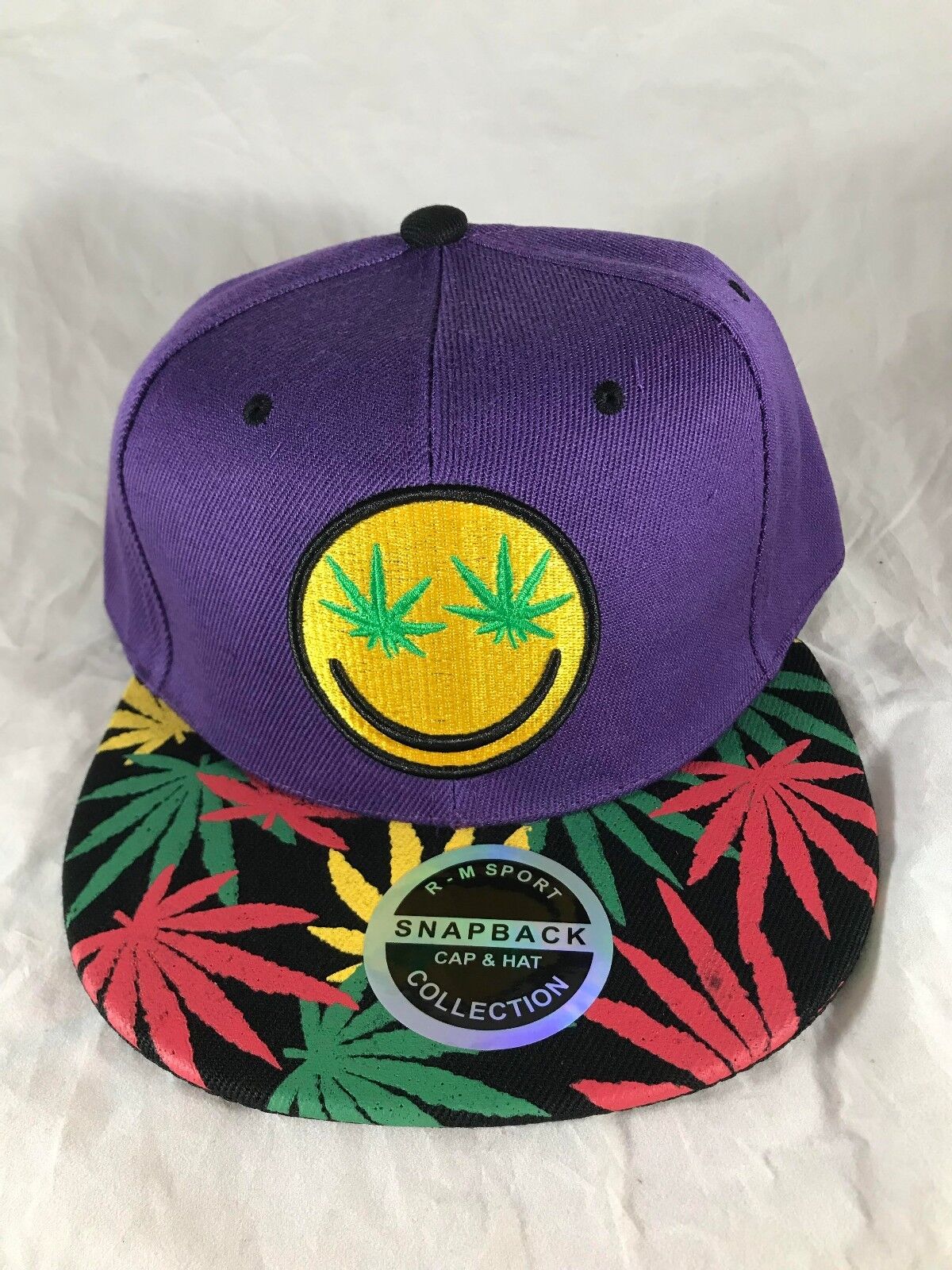 Smiley Face Marijuana Leaf Weed Eyes Emoji Snapback Hat 420 Themed Cap