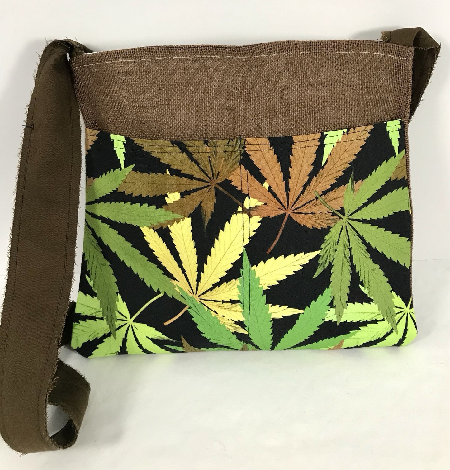 New Handmade Burlap Marijuana, Cannabis Leaf 11x12 2 Bumblebee Pockets Crossbody