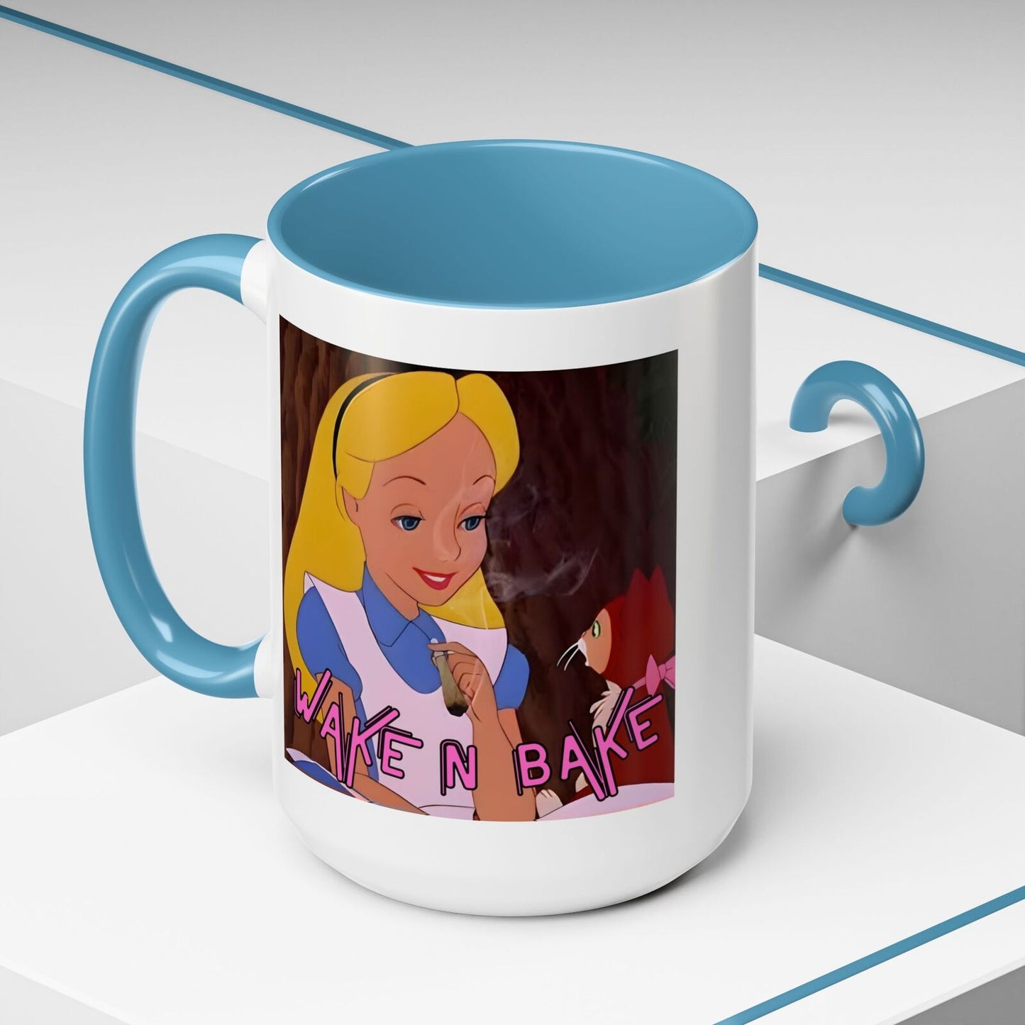 WAKE N BAKE Retro Coffee Mug (11, 15oz) Cartoon Alice Smoking Joint Vintage 420