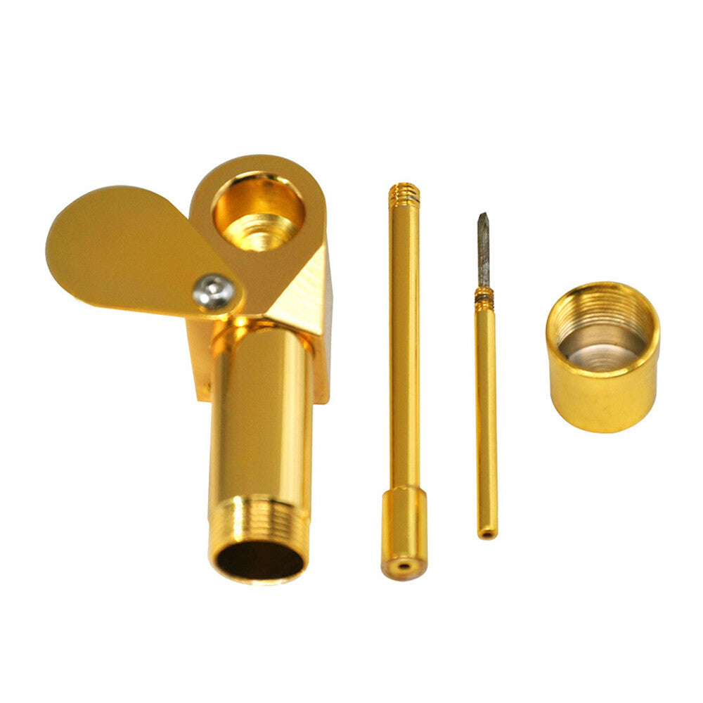 Brass tobacco smoking pipe with stash storage chamber, compact design.