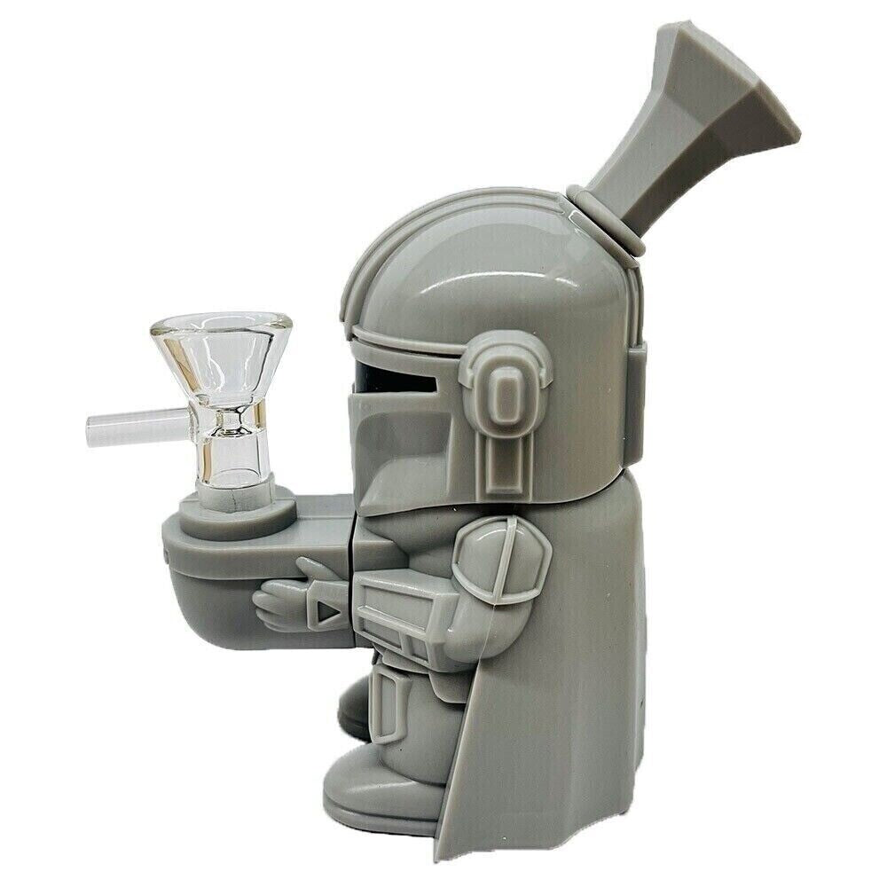 4.3" silicone bong shaped like a gray soldier with glass bowl attachment.