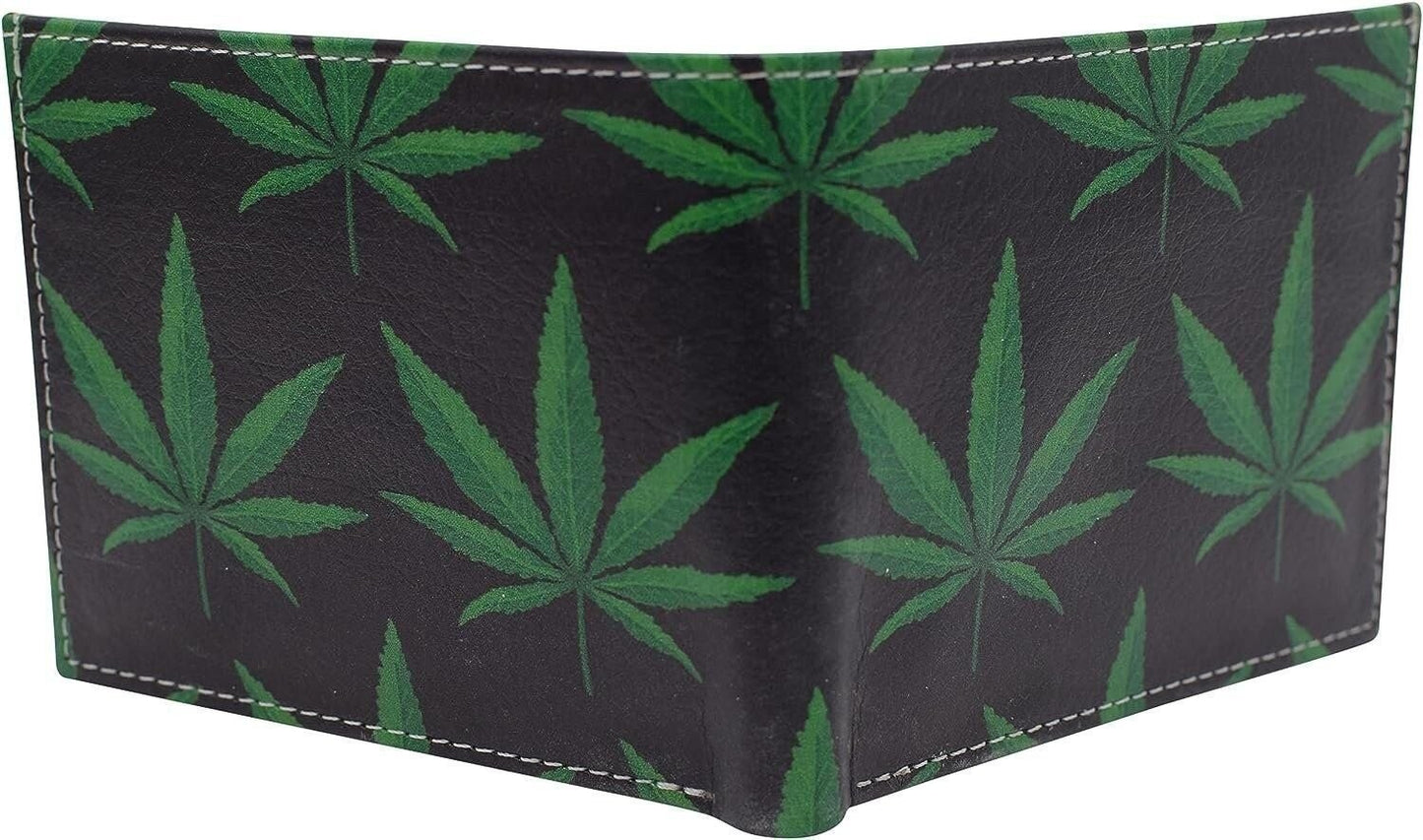 Printed Marijuana Leaf RFID Blocking Genuine Leather Bifold Wallet with Gift box