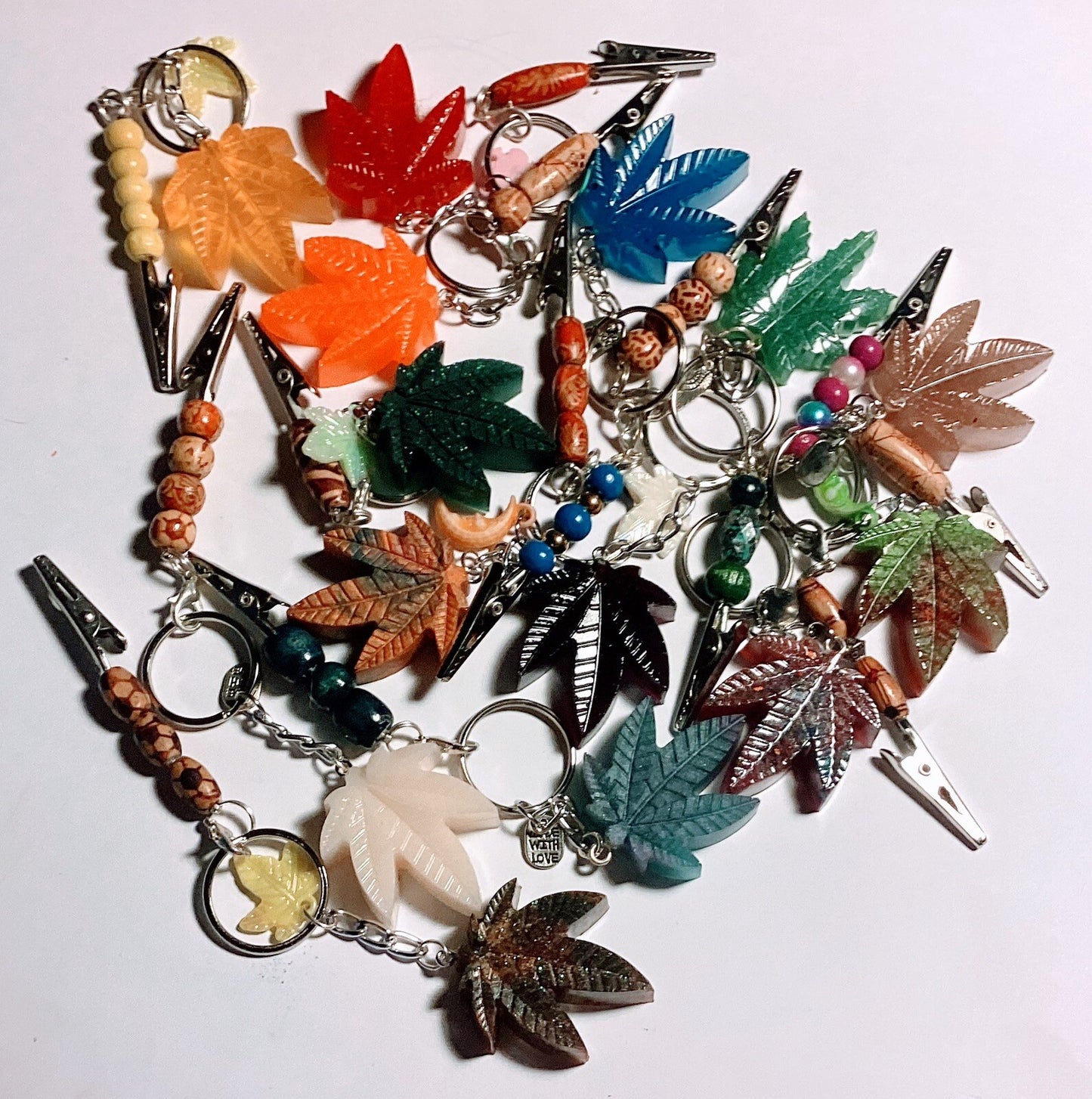 6 ct. Weed Leaf key chains With Bonus Clip Multi Color Set Roach Clip