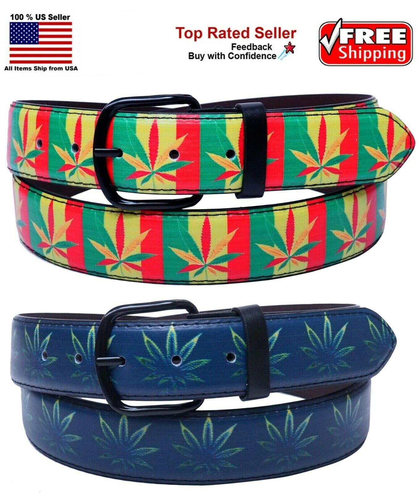 Leather belt with marijuana weed leaf design, available in green or rasta styles, featuring a black metal buckle.