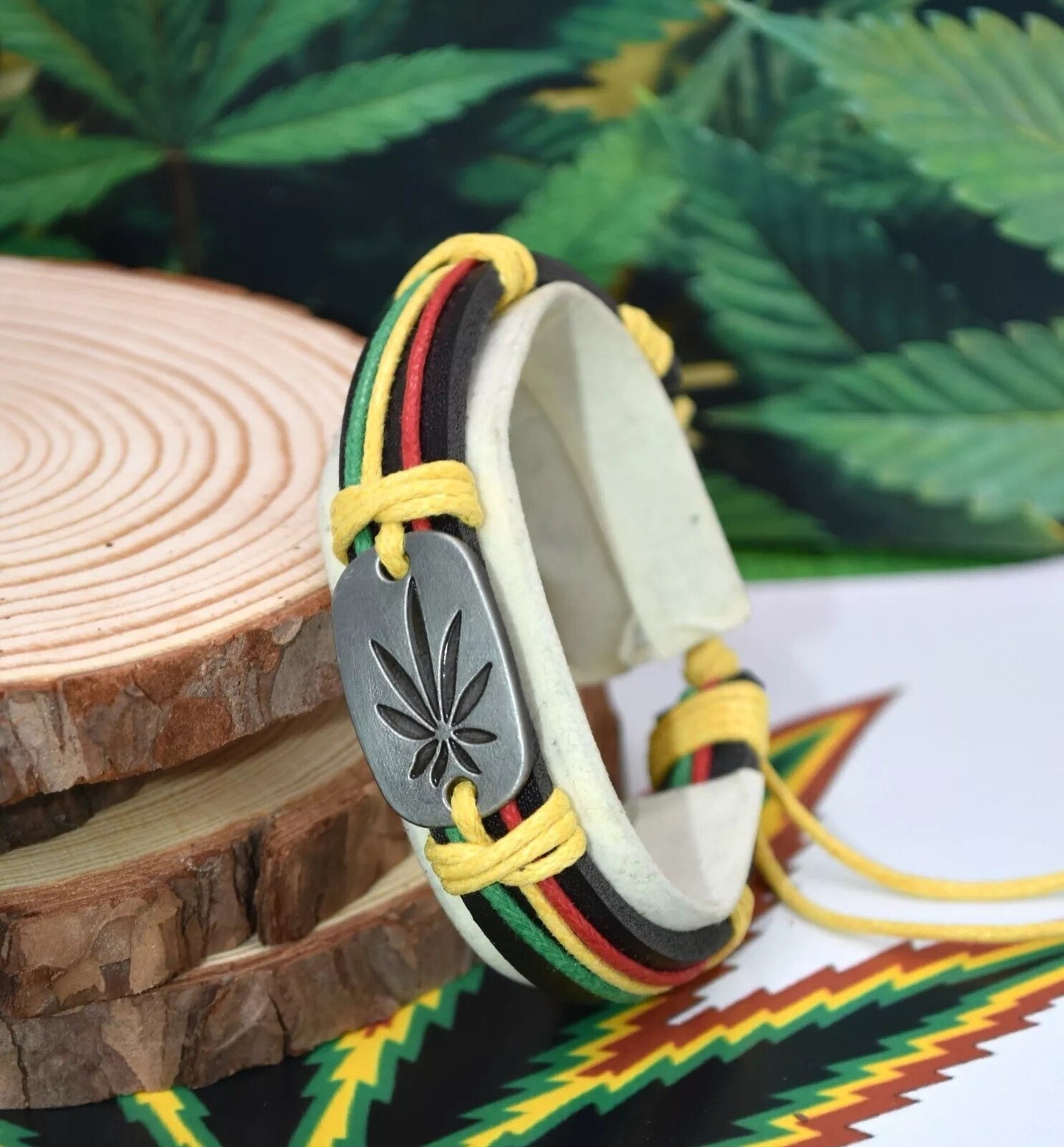 Weed 420 Marijuana THC Pot Leaf Rastafarian Jamaica Hip Hop Adjustable Bracelet