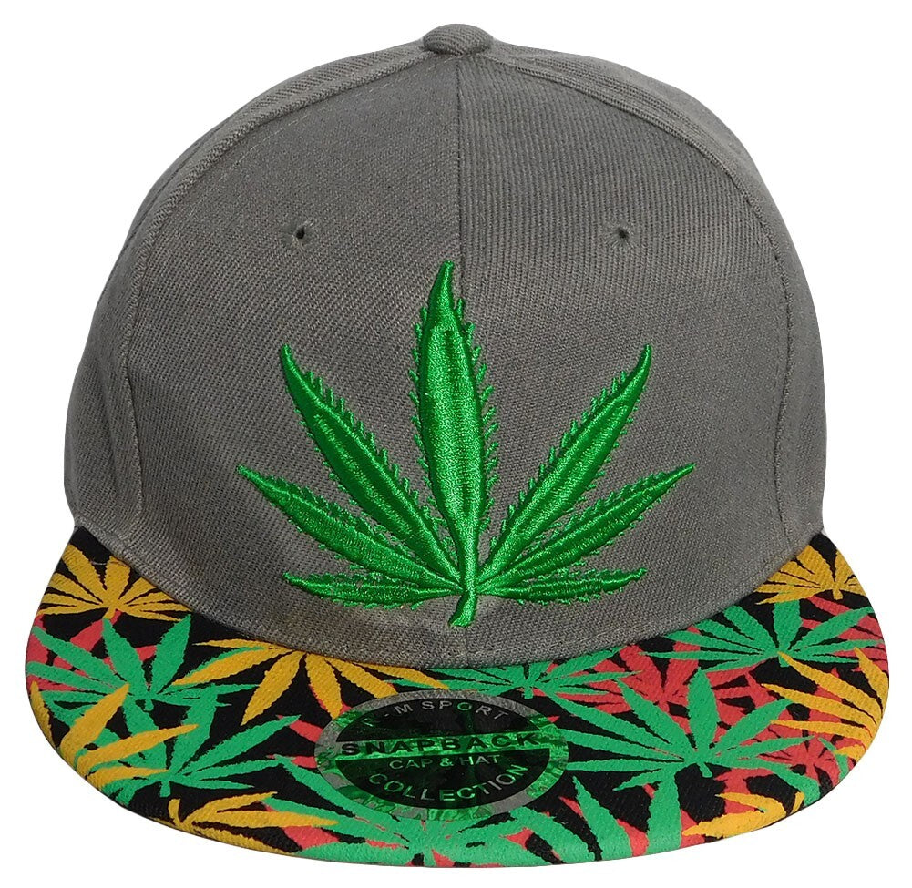 Cannabis Marijuana Weed Pot Leaf Grey Polyester Adjustable Embroidered Cap Hat