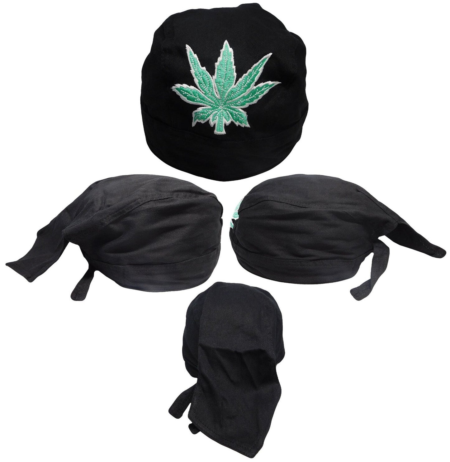 Black doo rag skull cap with embroidered marijuana leaf design.
