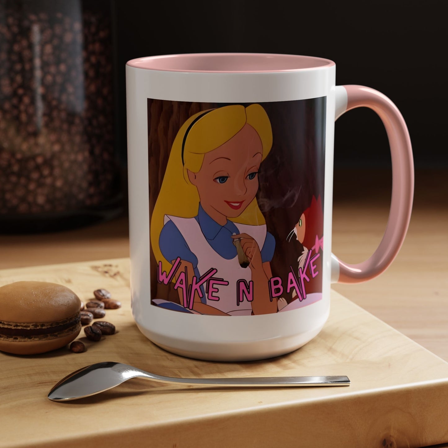 WAKE N BAKE Retro Coffee Mug (11, 15oz) Cartoon Alice Smoking Joint Vintage 420