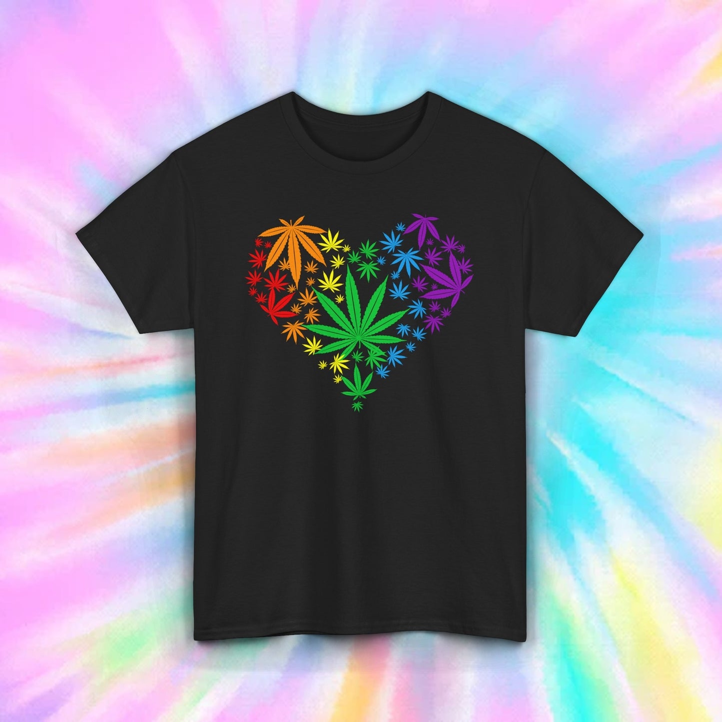 Rainbow Marijuana Heart T-Shirt | Cannabis Leaf Design | Weed Pride Tee S-5XL 4 Colors