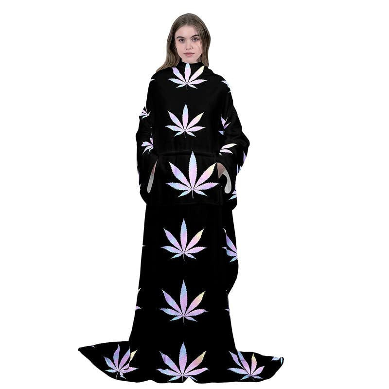 Wearable fleece blanket with marijuana weed leaf design, suitable for indoor use.