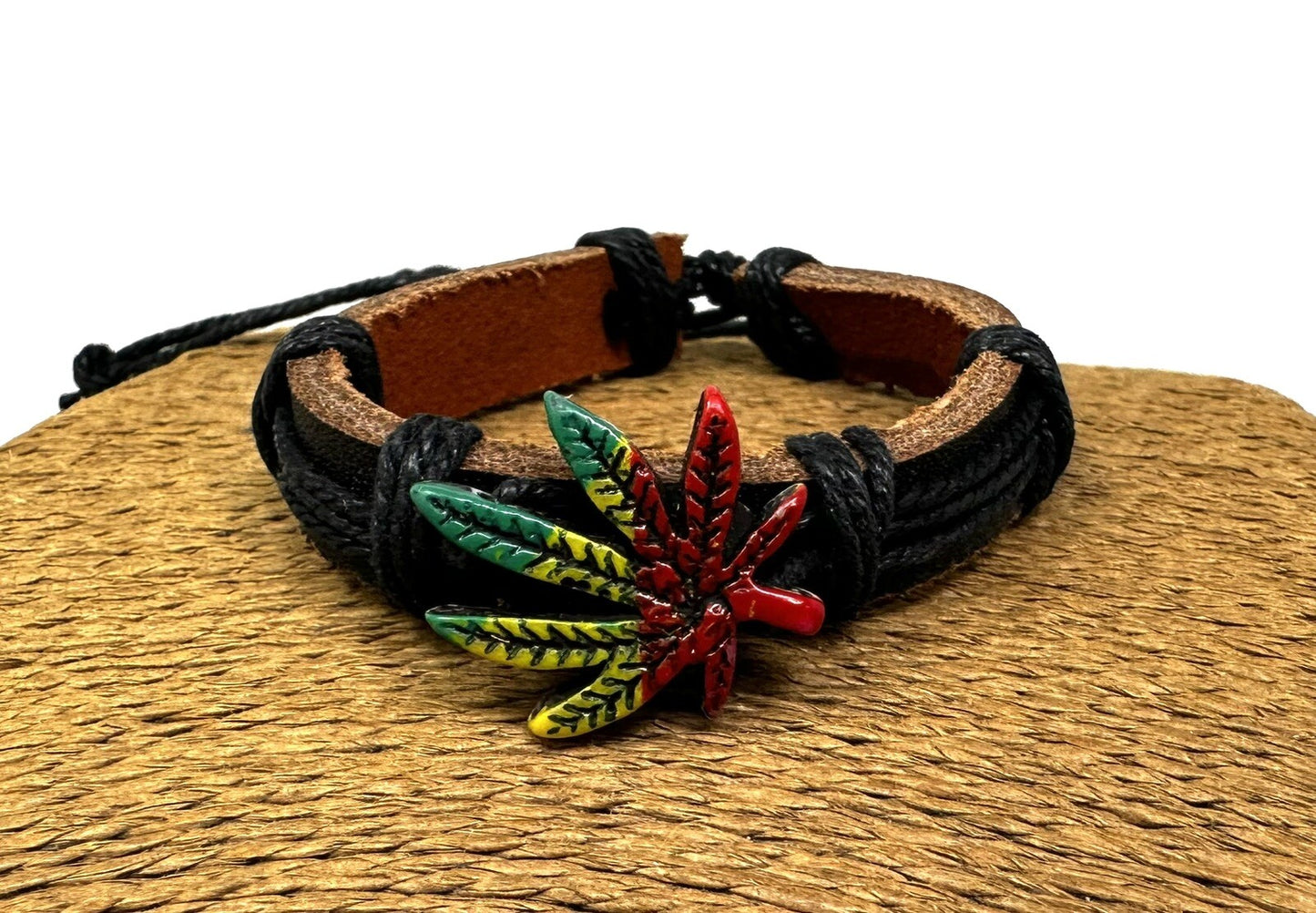 Adjustable Black Leather Bracelet with Rasta-Colored Marijuana Leaf Charm