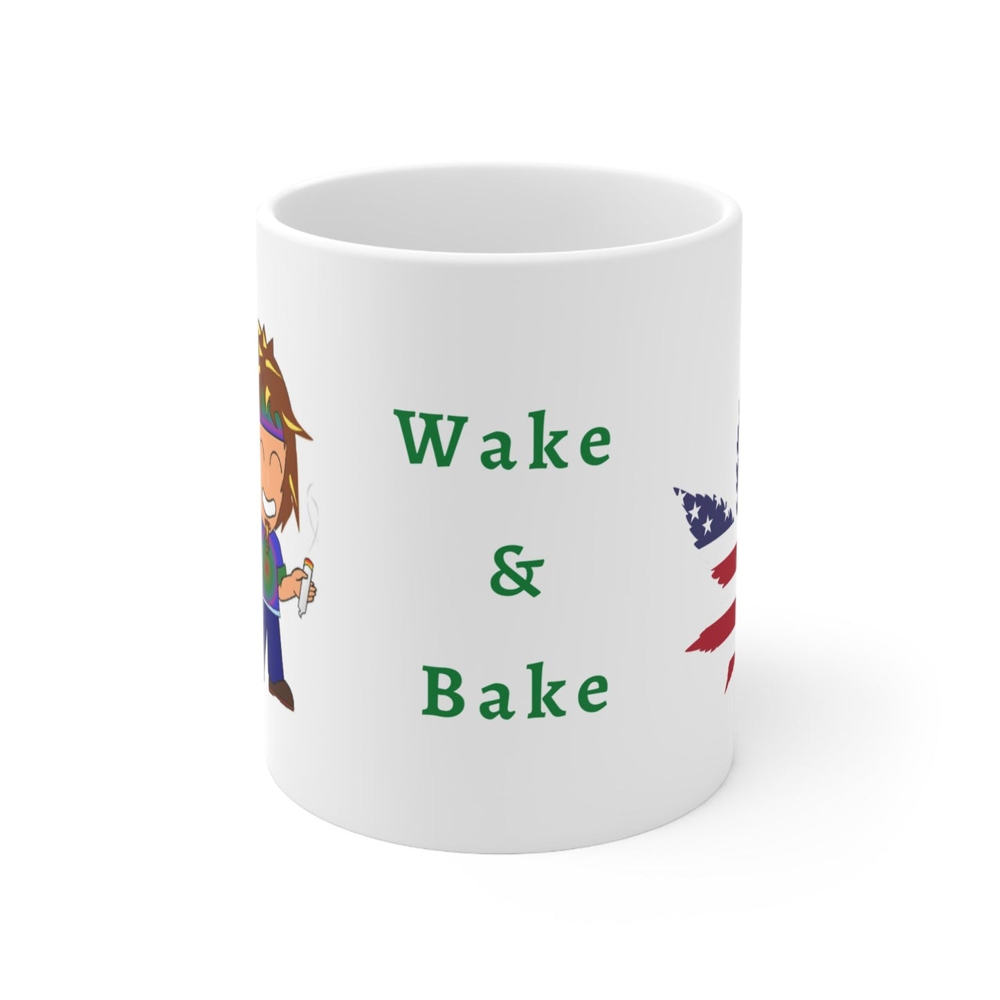 Wake & Bake 11oz white ceramic mug with green text and graphics.