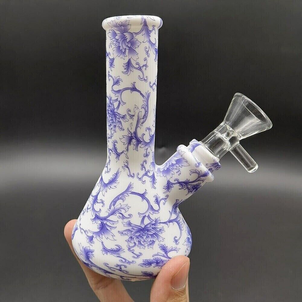 Purple floral silicone water pipe with glass bowl, 4.7-inch hookah bubbler.
