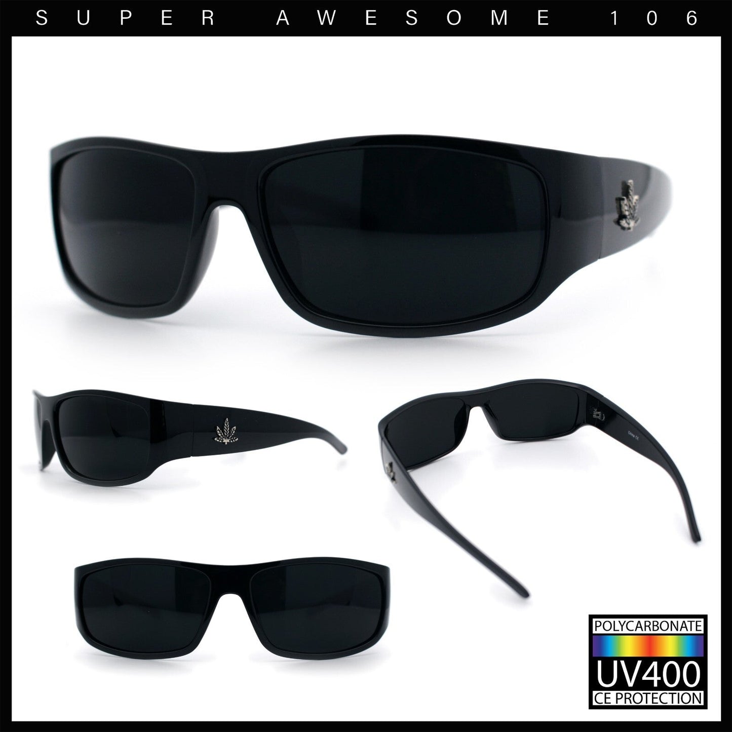 Mens marijuana pot leaf emblem black sunglasses with super dark limo tint and UV400 protection.