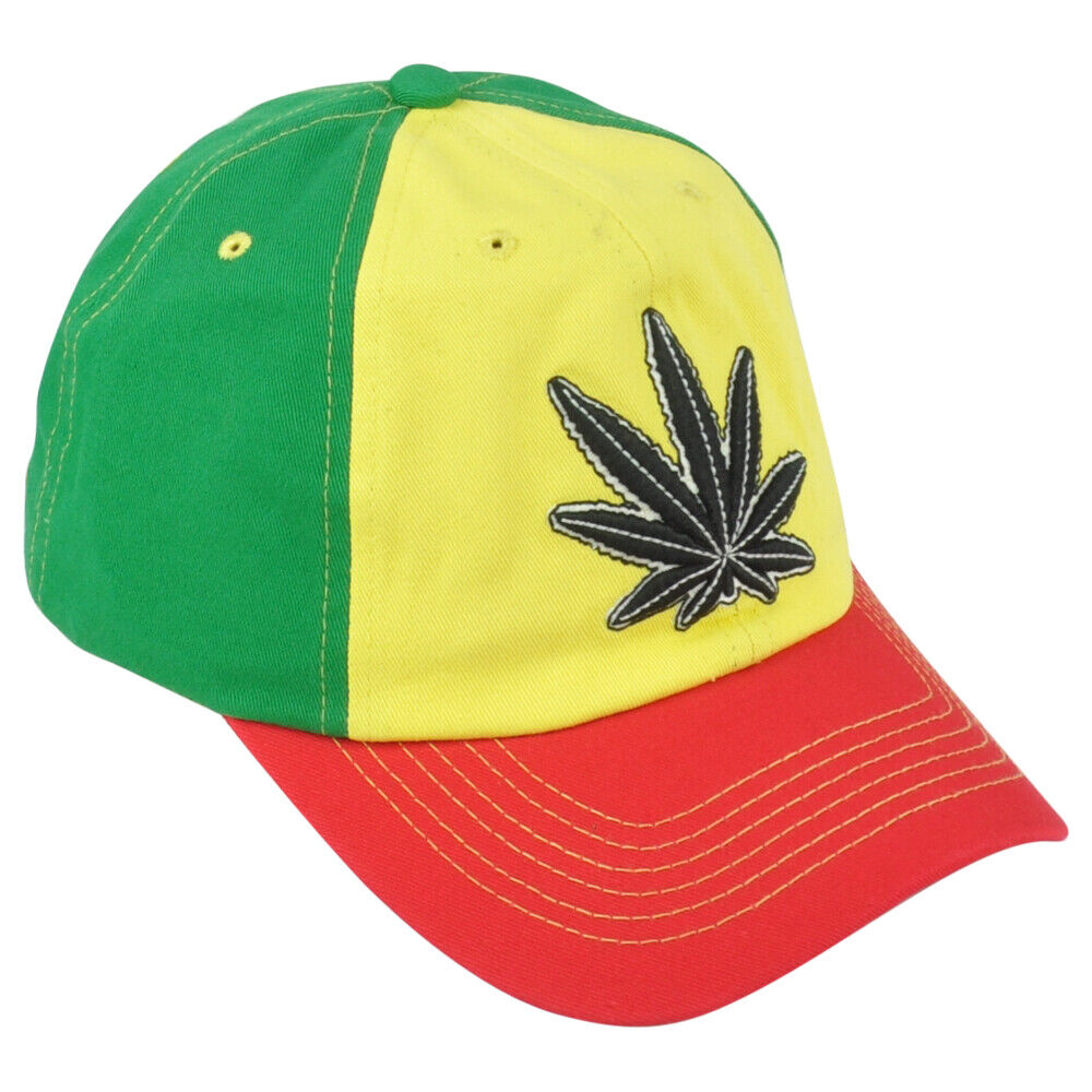 Marijuana Weed Leaf Cannabis Curved Bill Adjustable Relaxed Rasta Colors Hat Cap