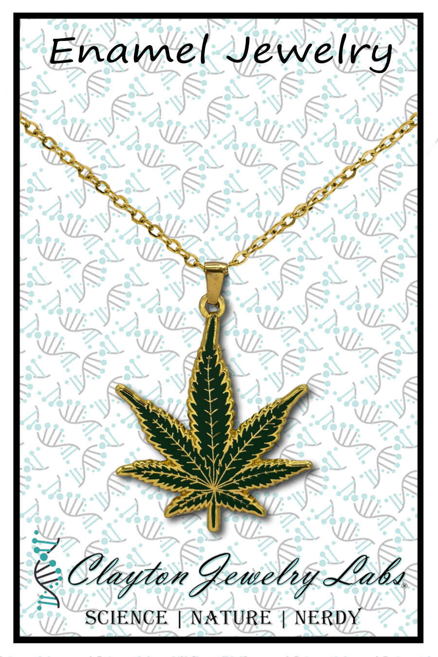 Marijuana Leaf Double Sided Enamel Pendant Necklace Black or Gold