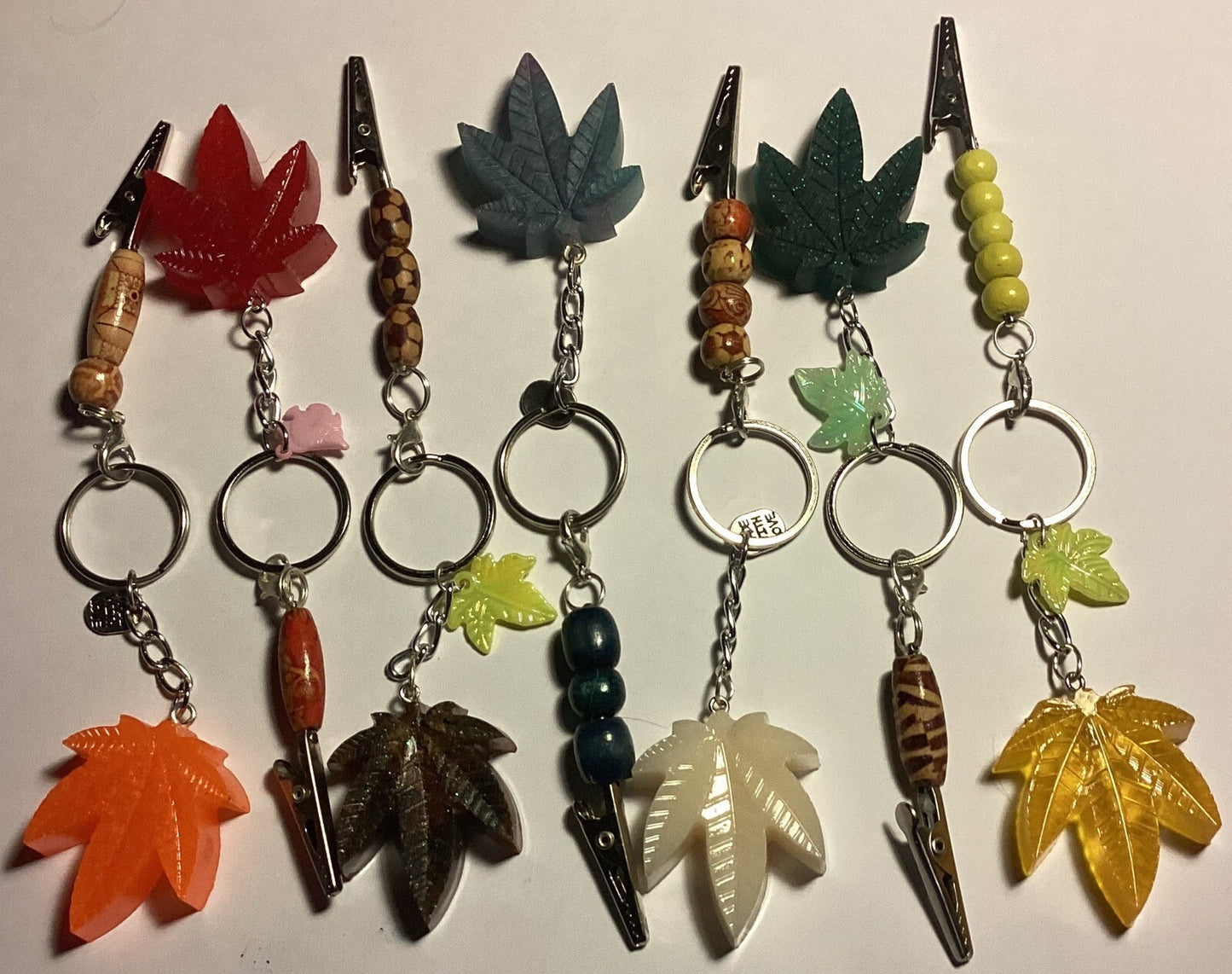 6 ct. Weed Leaf key chains With Bonus Clip Multi Color Set Roach Clip