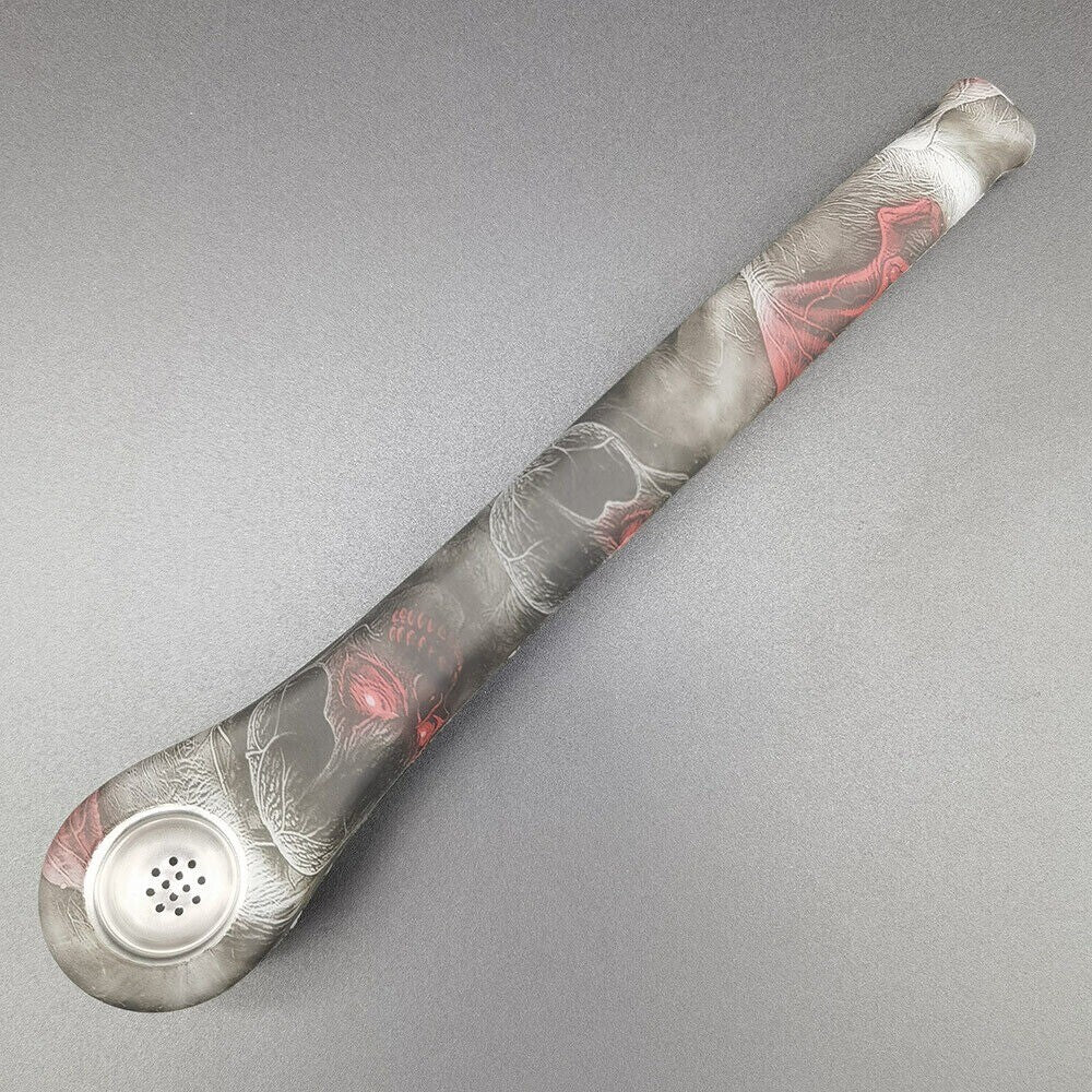 9.3" silicone bong hand pipe with bowl in gray and red design.
