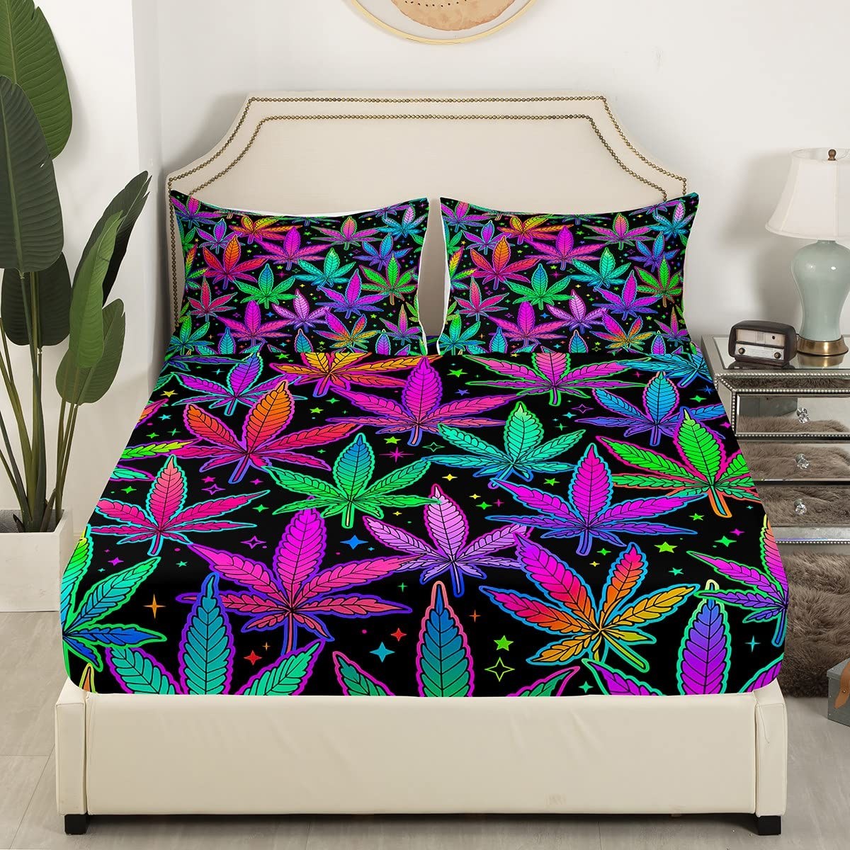 Cannabis leaves printed kids queen-size bedding set with fitted sheet, flat sheet, and pillowcases.