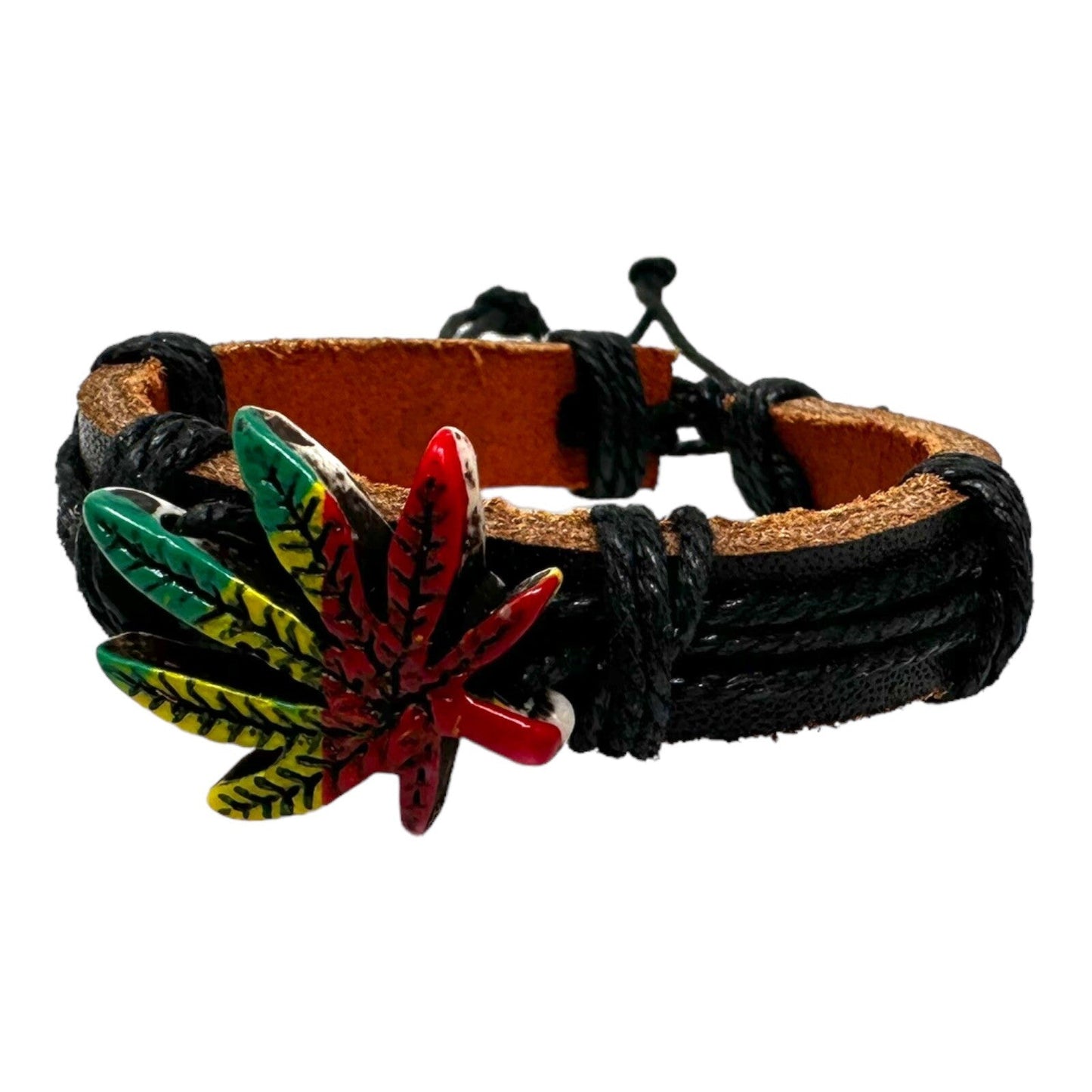 Adjustable black leather bracelet with colorful marijuana leaf charm.