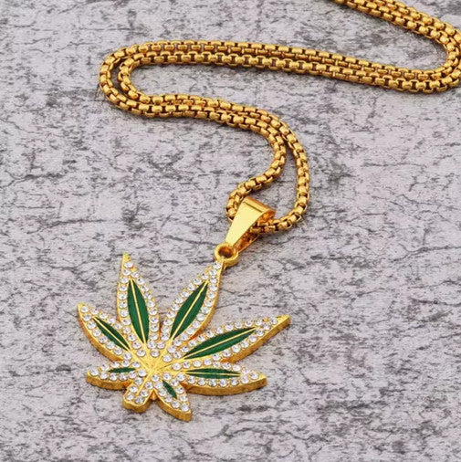 Gold Colored Stainless Steel Bling Cannabis Pot Leaf Pendant Necklace New